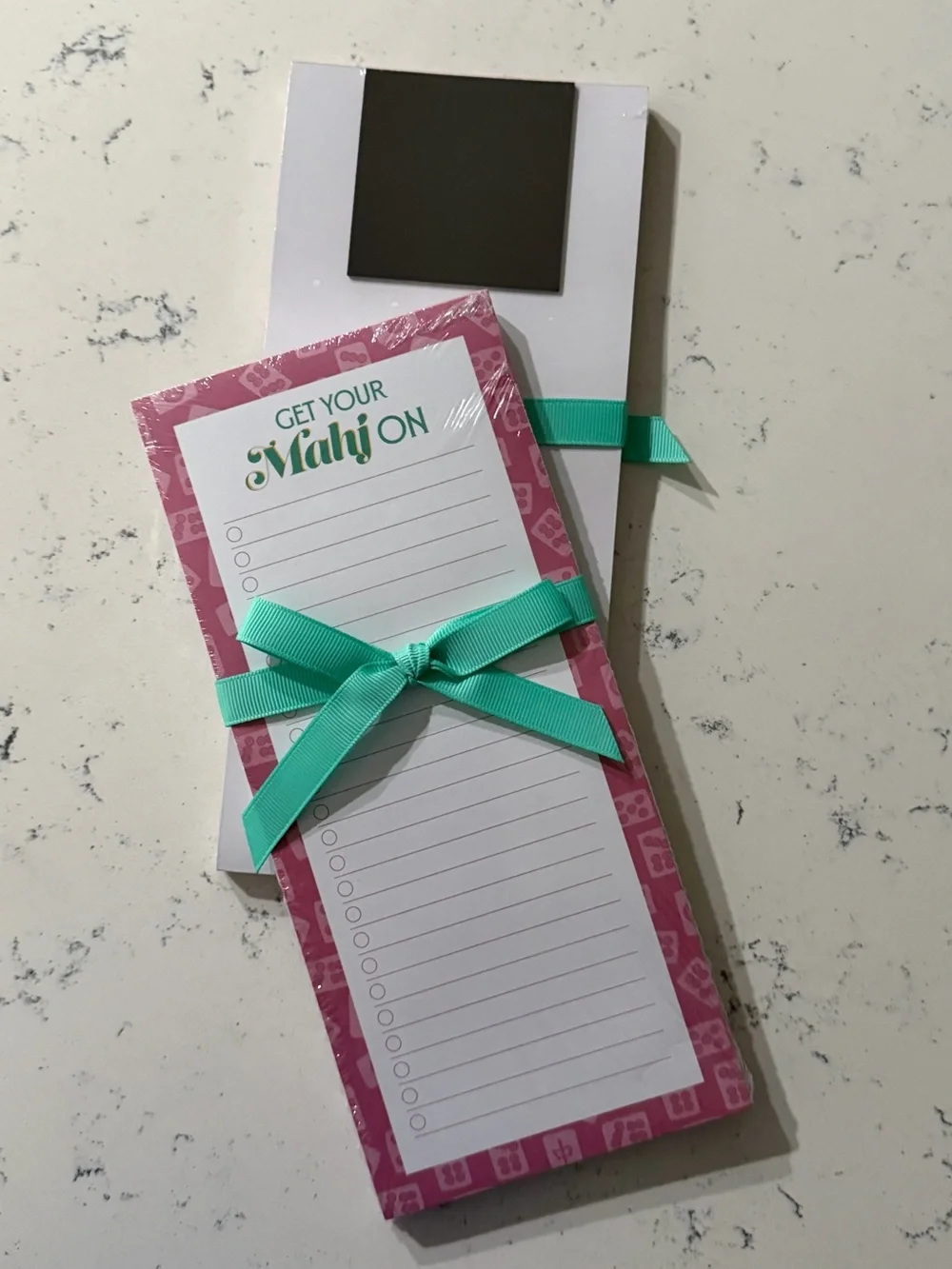Get Your Mahj On Pink Notepad Set with Teal Ribbon - Magnetic Mahjong Notepad